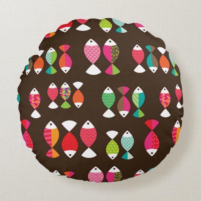 Abstract retro fish underwater pattern 2 round cushion (Front)