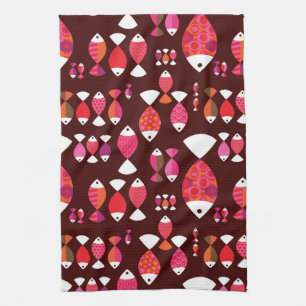 Abstract retro fish underwater pattern tea towel