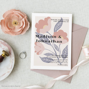 Abstract Retro Floral Pink & Blue Wedding Invitation