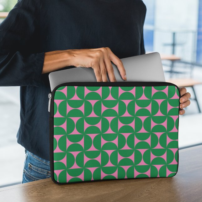 Abstract Retro Forest Green & Pink Geometric Laptop Sleeve (Creator Uploaded)