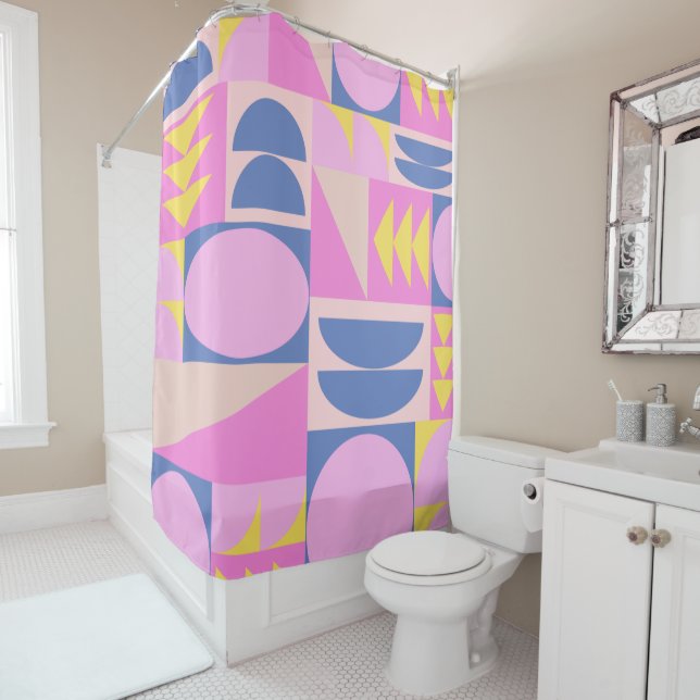 Abstract Retro Geometric Pink Blue Mid Century Mod Shower Curtain (In Situ)