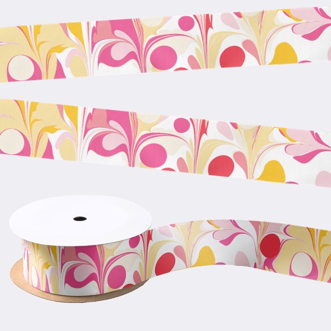 Abstract Retro Marble Pattern Pink Red Yellow Satin Ribbon (Retro abstract marble pattern pink yellow ribbon)