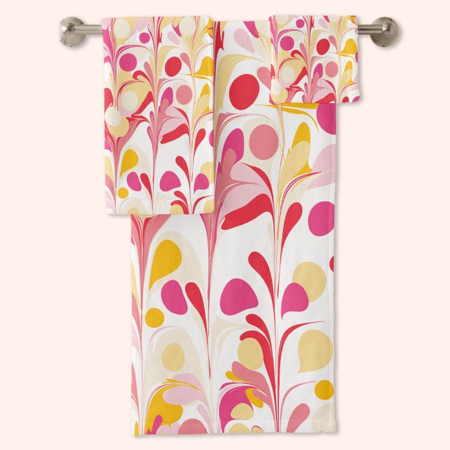 Abstract Retro Marble Pattern Pink Yellow Red Bath Towel Set (Retro abstract marble pattern pink yellow towel set)