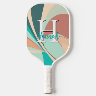 Abstract Retro Modern Peach Aqua Teal Monogram Pickleball Paddle