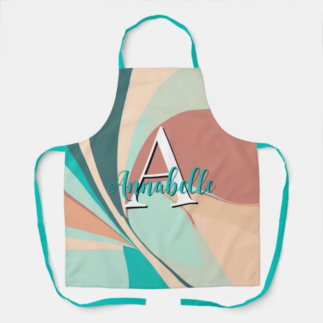 Abstract Retro Modern Peach Rust Teal Monogram Apron (Front)