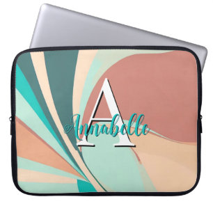 Abstract Retro Modern Peach Rust Teal Monogram Laptop Sleeve