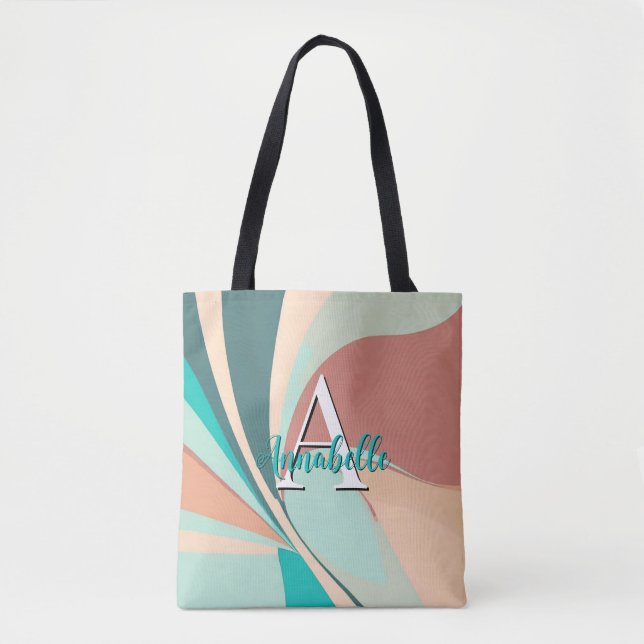 Abstract Retro Modern Peach Rust Teal Monogram Tote Bag (Front)