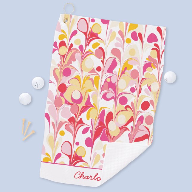 Abstract Retro Pattern Pink Personalised Golf Towel (Modern retro marble pattern pink personalized name golf towel)