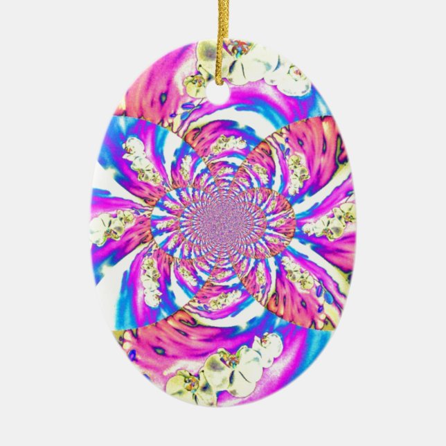 Abstract retro pink floral mandala pink orchids ceramic ornament (Front)