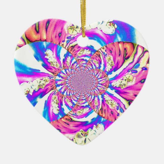 Abstract retro pink floral mandala pink orchids ceramic ornament (Front)