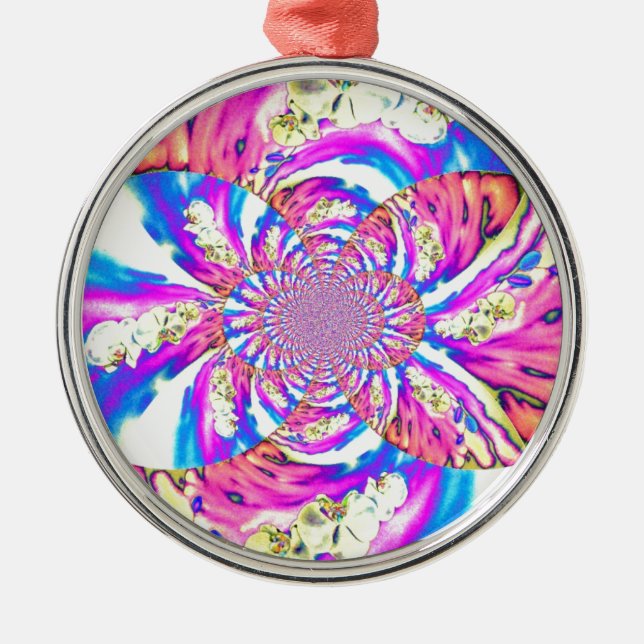 Abstract retro pink floral mandala pink orchids metal ornament (Front)