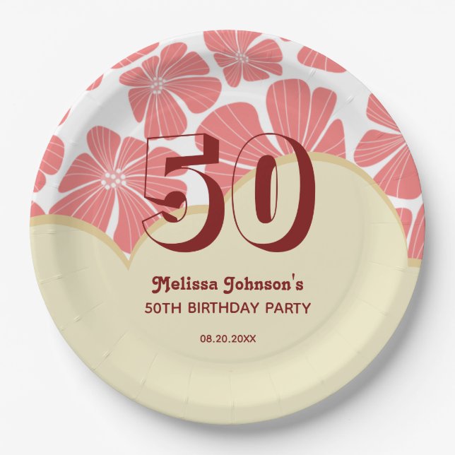 Abstract Retro Red Chamomile Flower Birthday Paper Plate (Front)