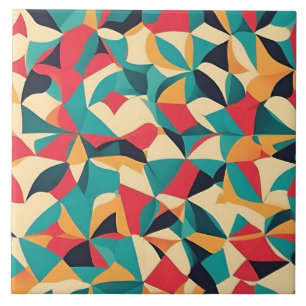 Abstract Retro Style Geometric Pattern - Teal, Red Ceramic Tile