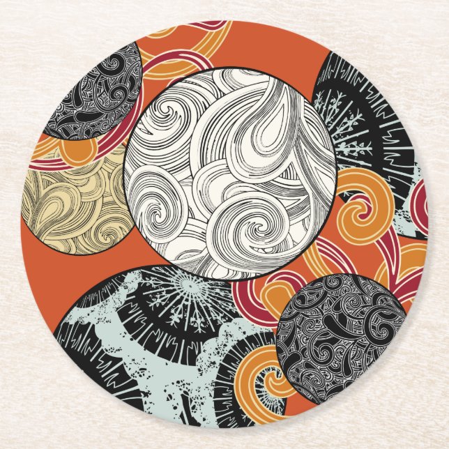 Abstract Retro Swirl Pattern Round Paper Coaster (Front)