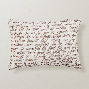 Abstract retro unreadable brown ink-written text. decorative cushion
