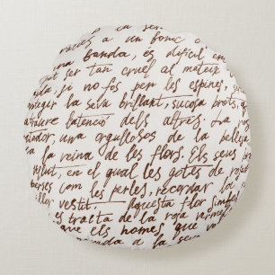 Abstract retro unreadable brown ink-written text. round cushion