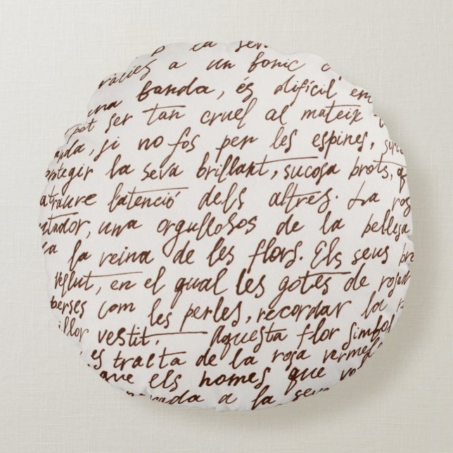 Abstract retro unreadable brown ink-written text.  round cushion (Front)