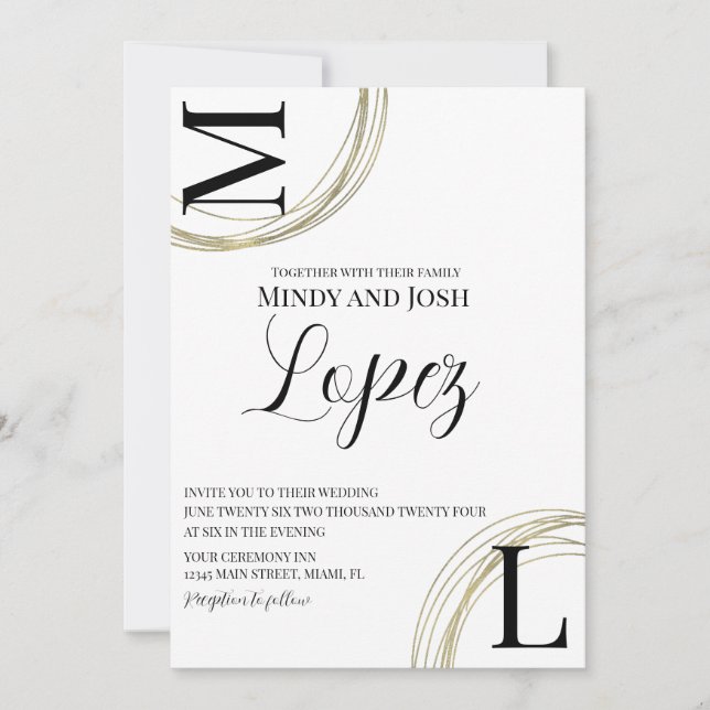 Abstract Rings Faux Gold Black Script Wedding    Invitation (Front)