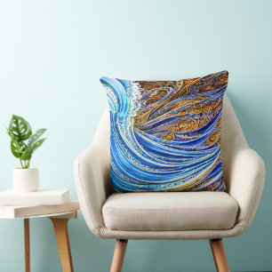 Abstract Ripple Waves in Blue and Gold Cushion