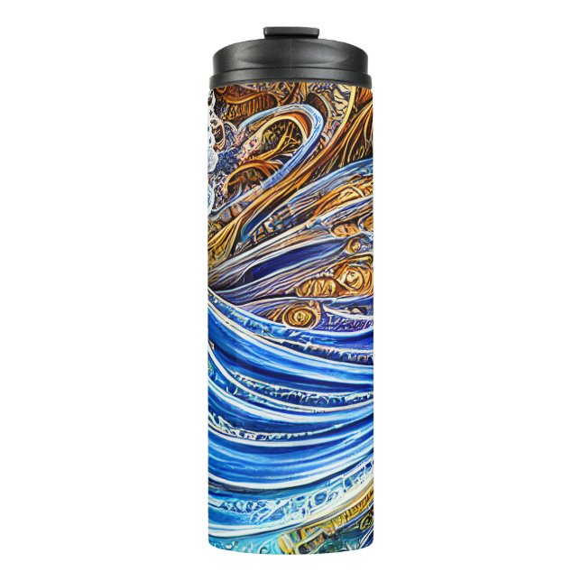  Abstract Ripple Waves in Blue and Gold  Thermal Tumbler (Front)