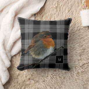 Abstract robin bird on black white plaid monogram cushion