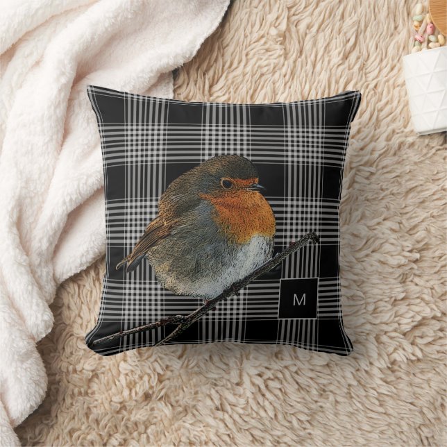 Abstract robin bird on black white plaid monogram cushion (Blanket)