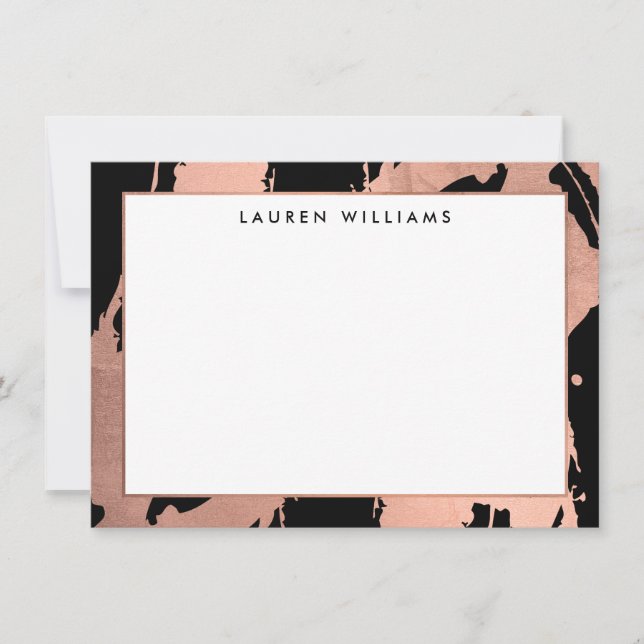 Abstract Rose Gold Brushstrokes on Black Note Card (Front)