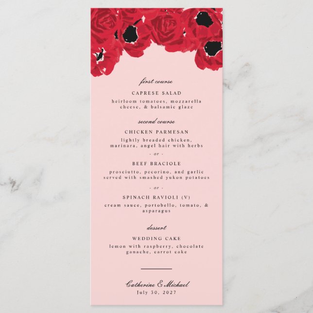 Abstract Roses and Poppies Wedding Menu (Front)