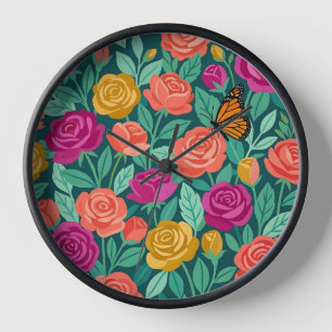 Abstract Roses Garden Monarch Butterfly Art Clocks