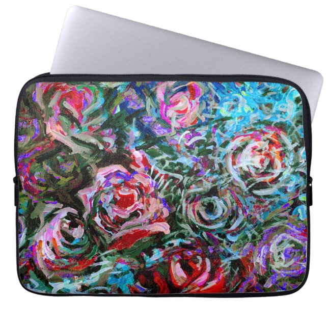 Abstract roses in red and turqoise laptop sleeve (Front)