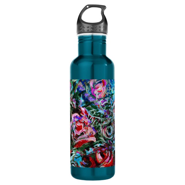 Abstract roses in red and turquoise 710 ml water bottle (Front)