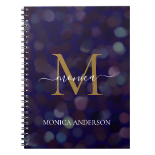 Abstract Round Blurred Pattern Gold Monogram Blue Notebook