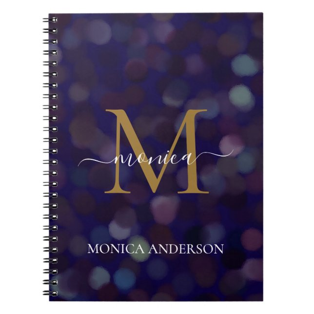 Abstract Round Blurred Pattern Gold Monogram Blue Notebook (Front)