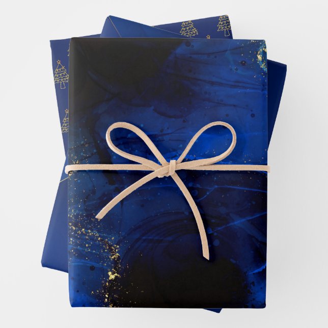 Abstract Royal Blue and Gold Pattern Wrapping Paper Sheet (In situ)