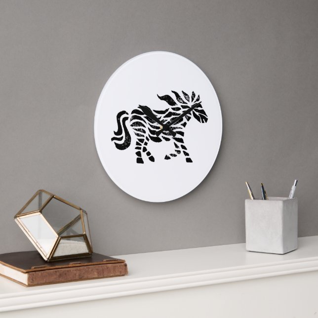 Abstract Running Horse Woodblock Print Large Clock (Office)