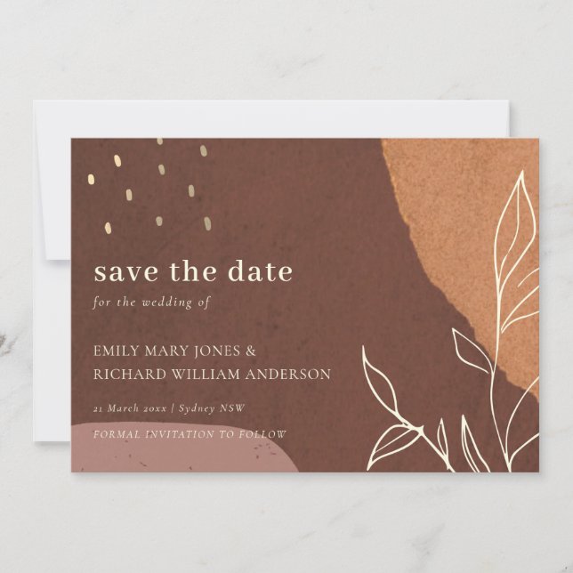 Abstract Rust Orange Leaf Fauna Save The Date Card (Front)