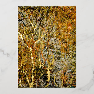 Abstract rustic forest w gold foil highlights. holiday card