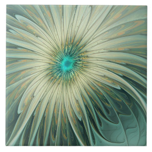 Abstract Sage Green Fantasy Flower Fractal Art Ceramic Tile