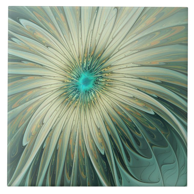 Abstract Sage Green Fantasy Flower Fractal Art Ceramic Tile (Front)