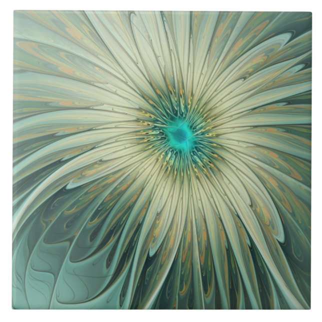 Abstract Sage Green Fantasy Flower Fractal Art Ceramic Tile (Front)