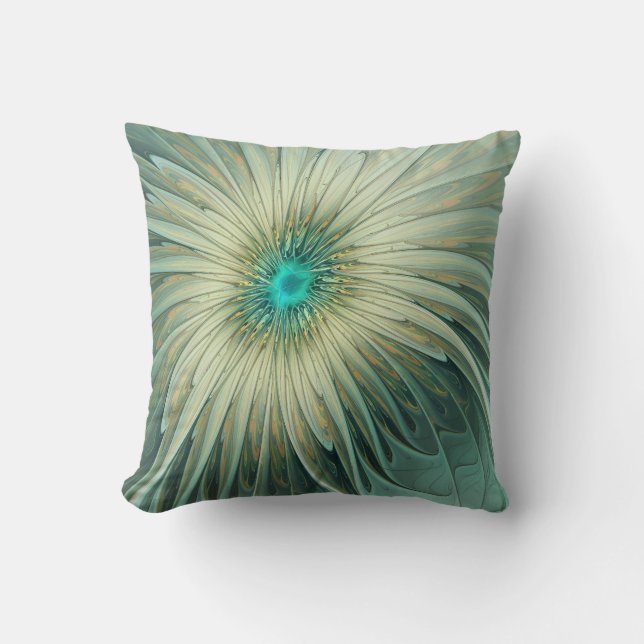 Abstract Sage Green Fantasy Flower Fractal Art Cushion (Front)