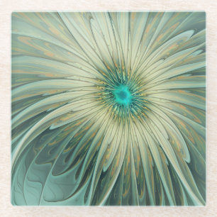Abstract Sage Green Fantasy Flower Fractal Art Glass Coaster