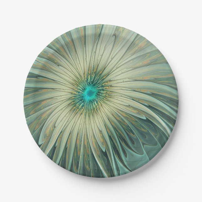 Abstract Sage Green Fantasy Flower Fractal Art Paper Plate (Front)