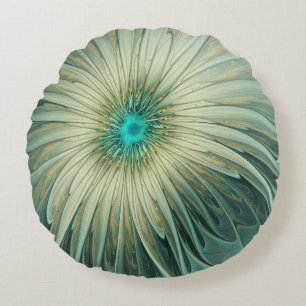 Abstract Sage Green Fantasy Flower Fractal Art Round Cushion