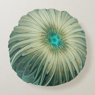 Abstract Sage Green Fantasy Flower Fractal Art Round Cushion