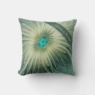 Abstract Sage Green Fantasy Flower Fractal Name Cushion