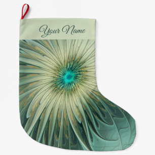Abstract Sage Green Fantasy Flower Fractal Name Large Christmas Stocking