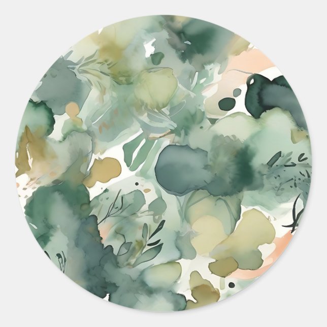Abstract Sage Green Watercolor Pattern Classic Round Sticker (Front)