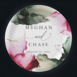 Abstract Sage Scarlet Pink Watercolor Paper Plates<br><div class="desc">WEDDING PARTY PAPER PLATES | Modern Sage Green and scarlet pink Watercolor wedding motif. Moody and ethereal , this beautiful hand painted watercolor illustration in shades of sage and emerald green with gold fleck highlights - Hand written script calligraphy is combined with a minimalist, contemporary style font. A trendy and...</div>
