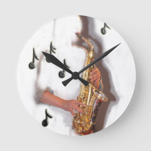 Abstract Saxophone player, music and instrument Round Clock